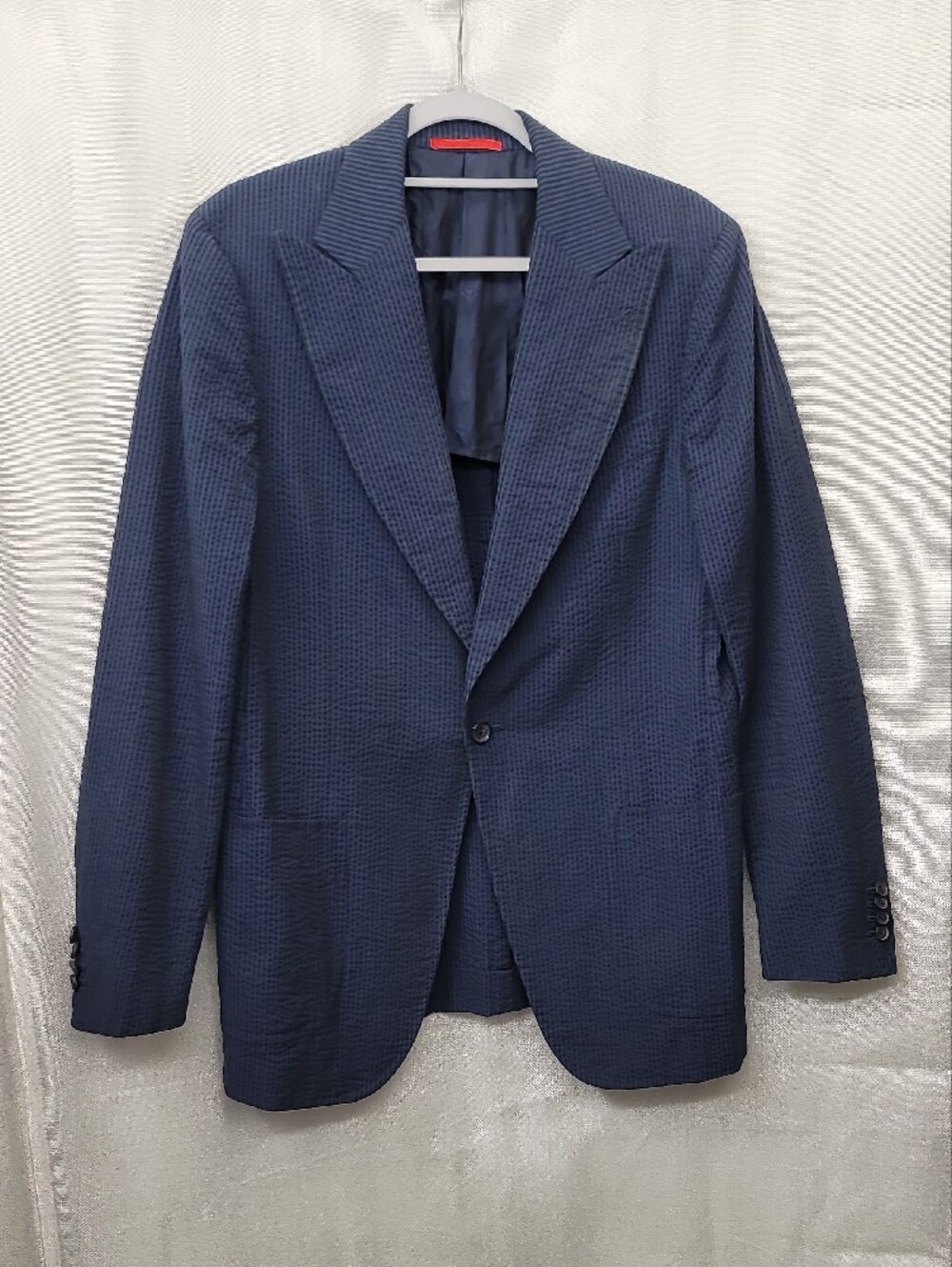 Isaia Napoli 100% Cotton Navy Seersucker Textured Single-Button Blazer Size L